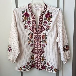 Johnny Was Embroidered Blouse/Tunic * Cream Stripe with Burgundy Roses * Sz XXL